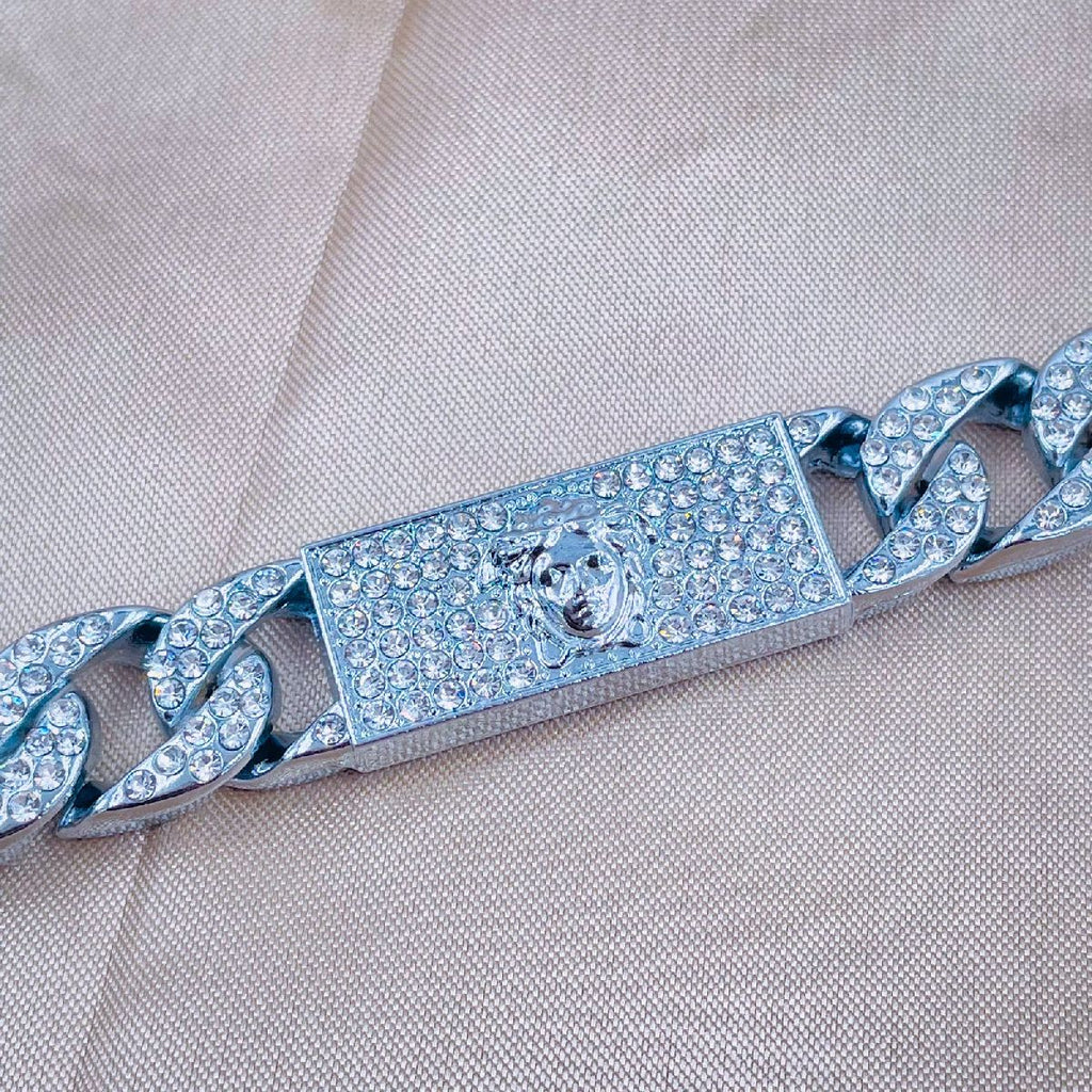 Hip Hop Iced Out Alloy Cuban Gold Rhinestone Studded Chunky Logo Necklace Chain