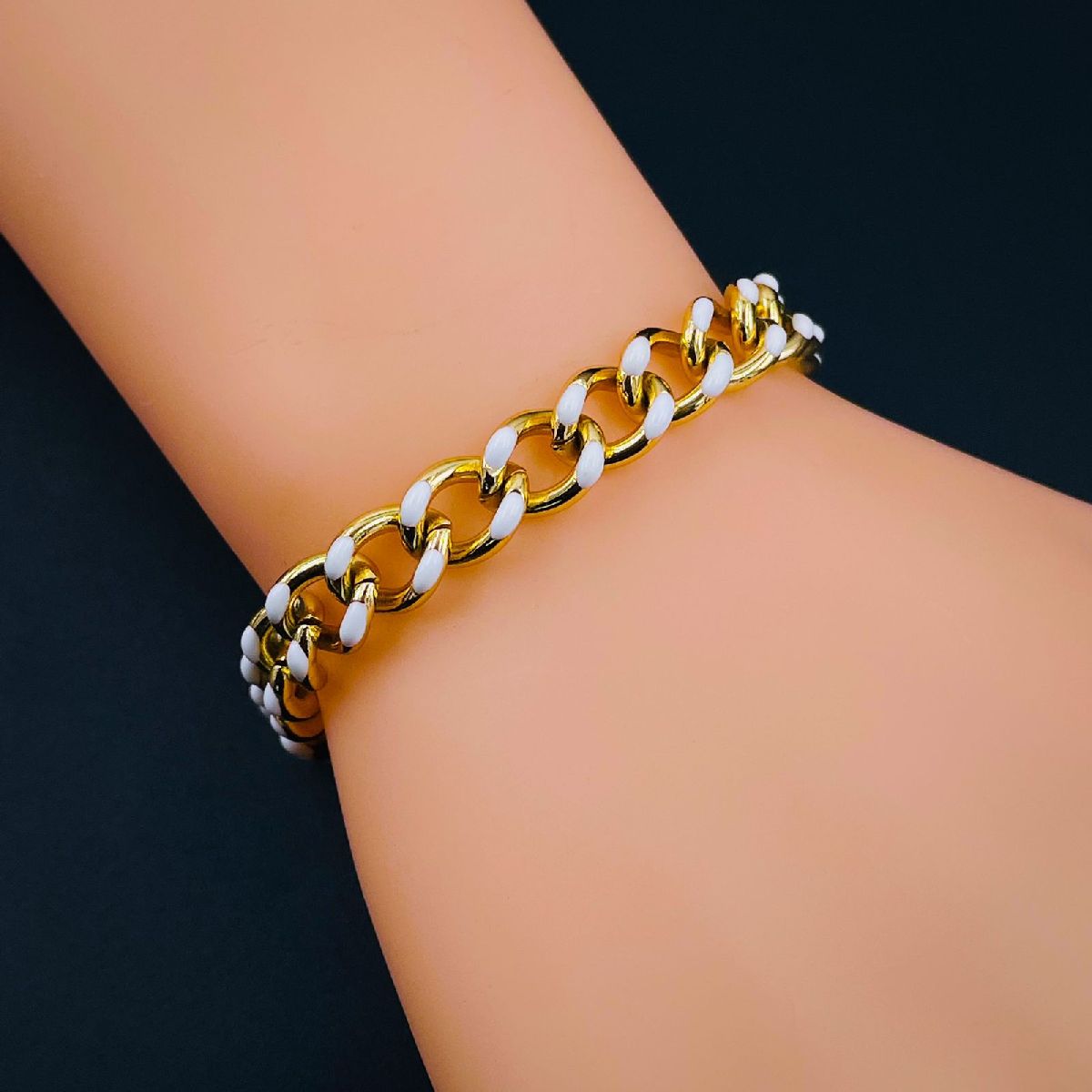 Curb 18K Gold Plated White Enamel Copper Chain Bracelet For Women Secondary image