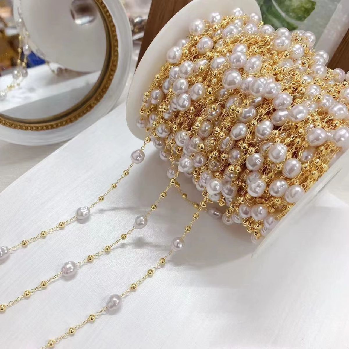 White Pearl Ball 18K Gold Copper Link Chain 1 Metre For Women Bulk