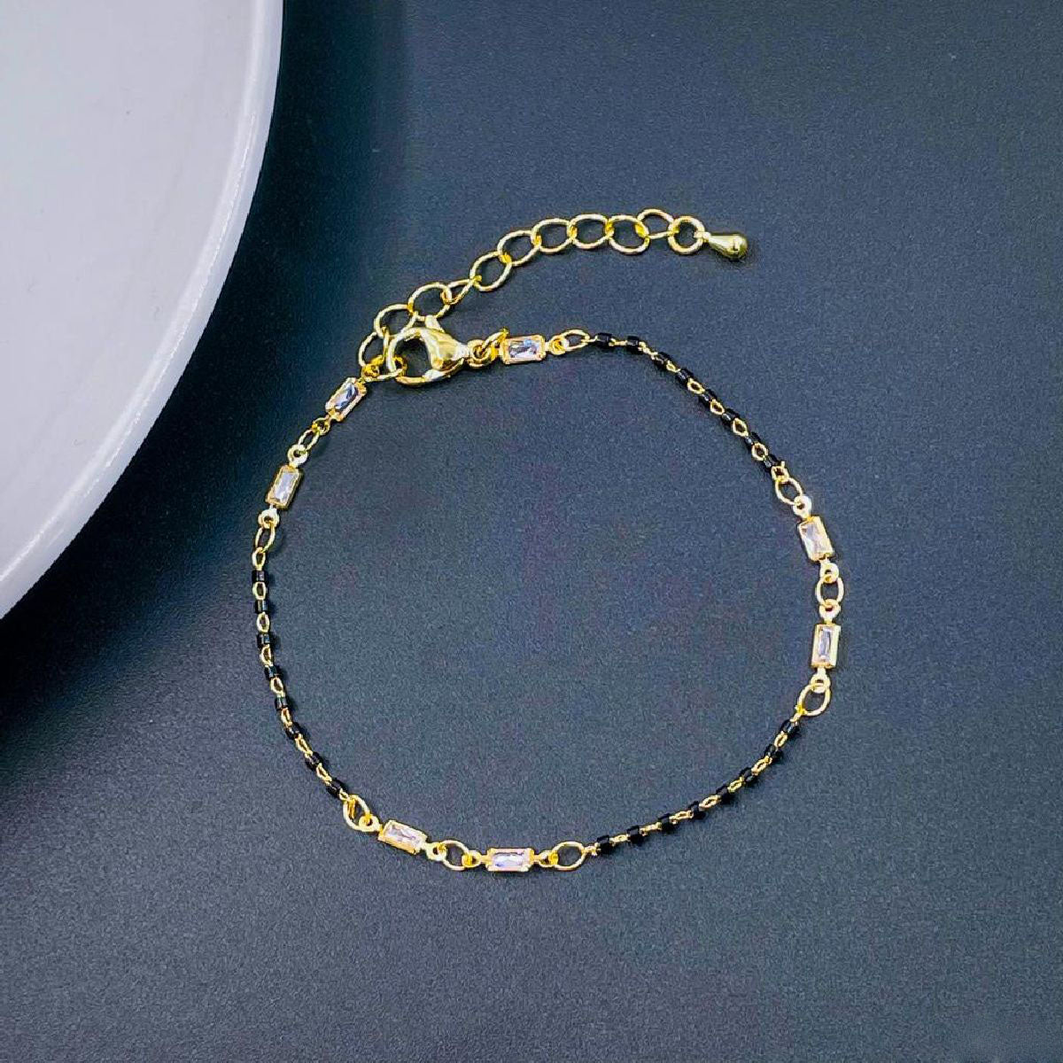 Black Beads Gold Baguette Crystal Bracelet Hand Mangalsutra Bulk