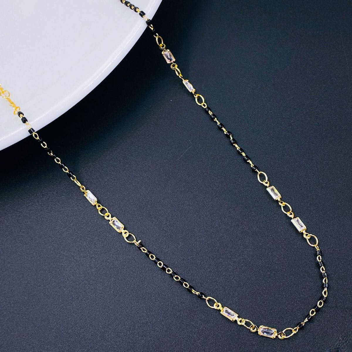 Black Beads 18K Gold Copper Baguette Crystal Mangalsutra Women Bulk