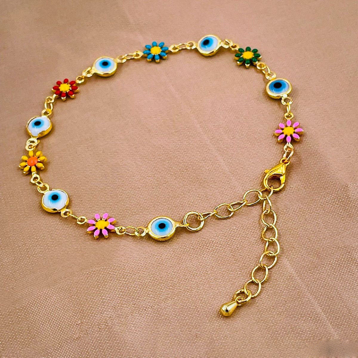 Daisy Sunflower Evil Eye Charms 18K Gold Copper Bracelet Women Bulk