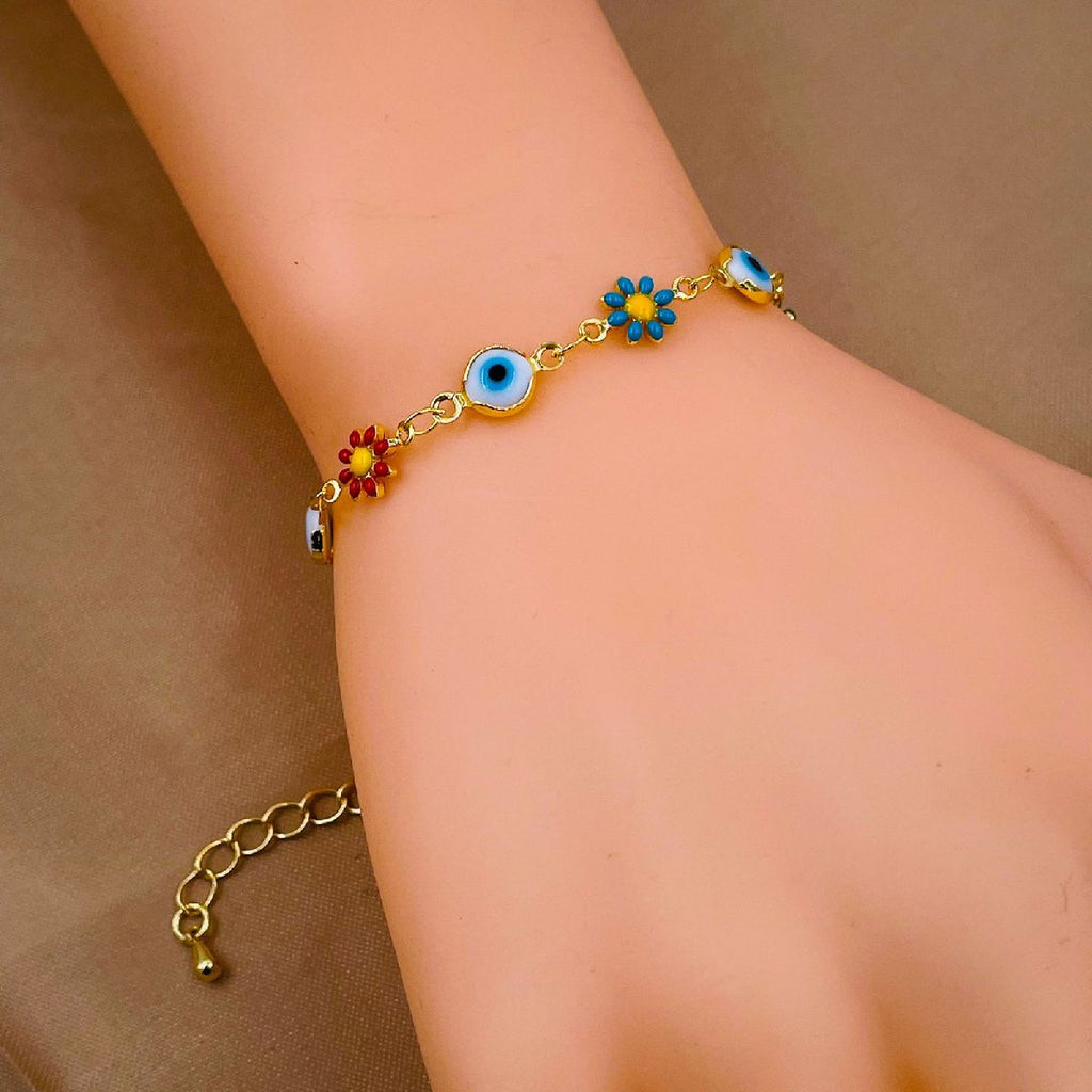 Daisy Sunflower Evil Eye Charms 18K Gold Copper Bracelet Women Bulk