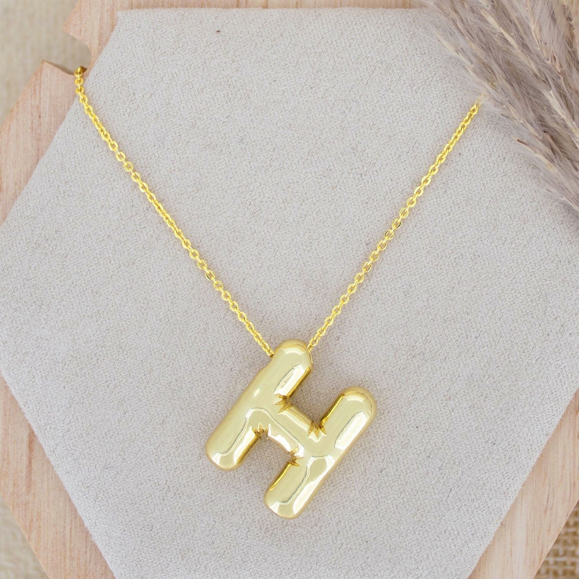 A Party Balloon Bubble Puffed Initial Alphabet Letter 18K Glossy Gold Anti Tarnish Pendant Chain