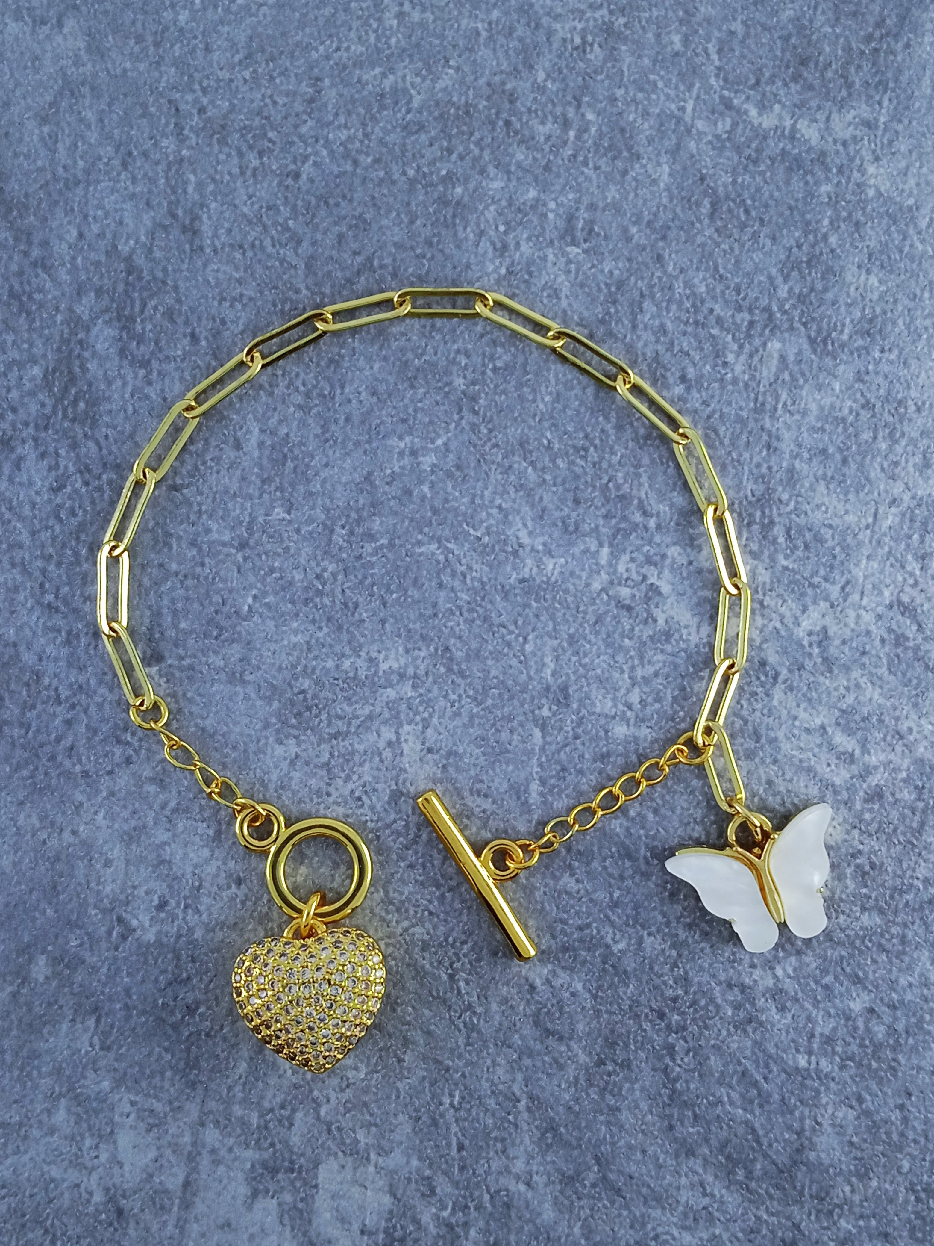 Butterfly Heart Copper Cubic Zirconia Gold Link Bracelet Women Bulk Main image