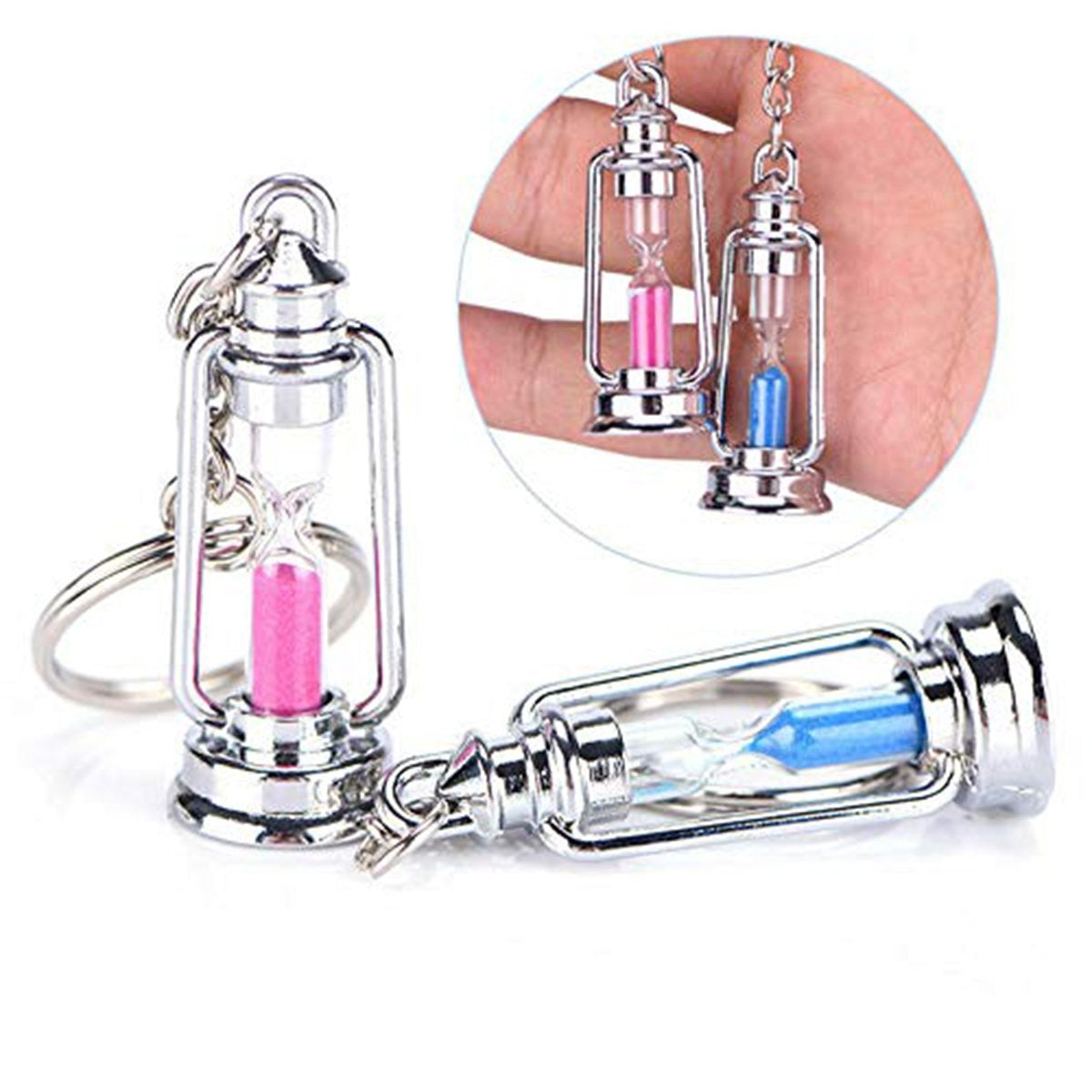 Hour Glass Sand Clock Timer Lamp Lantern Blue Pink Key Chain Pack 2