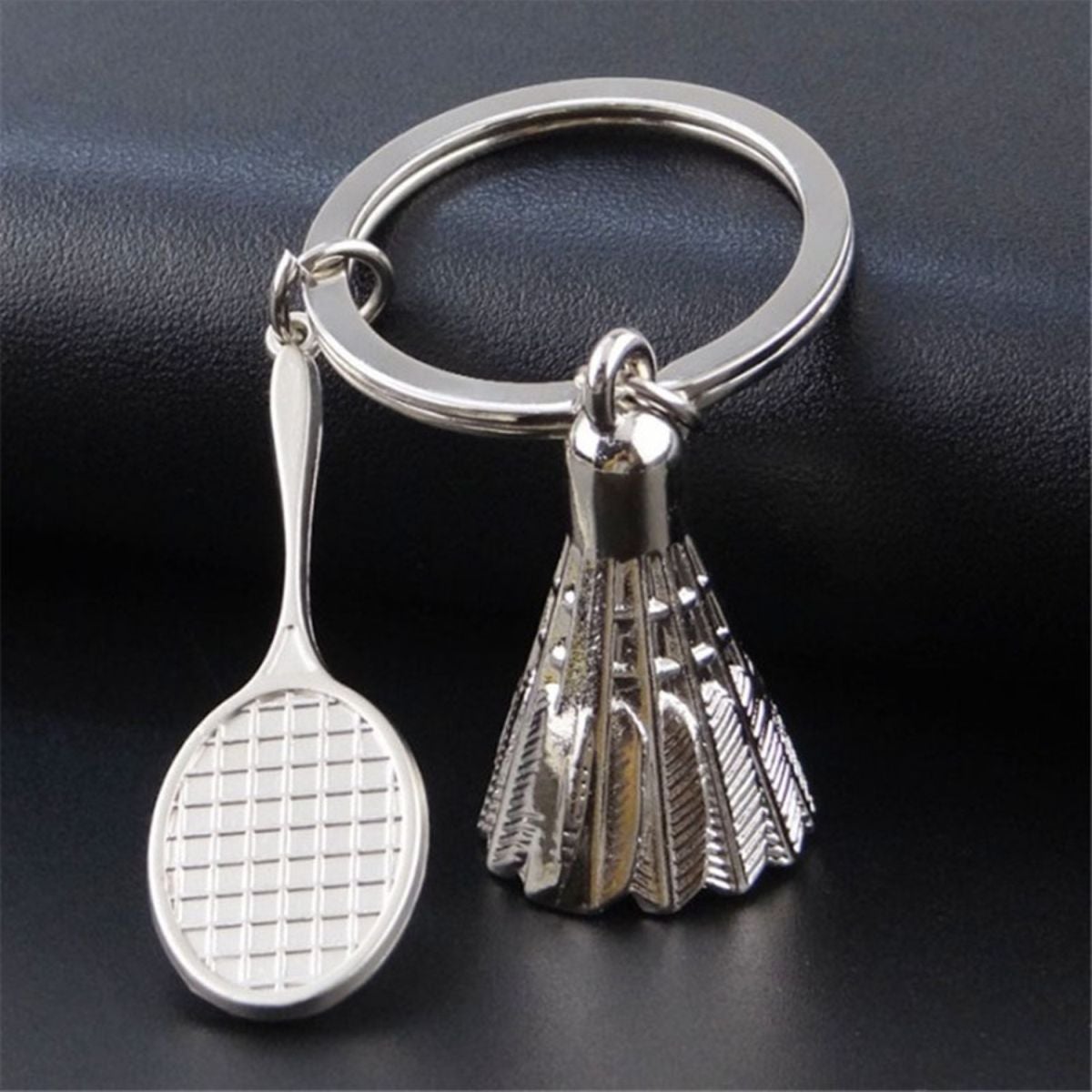 Badminton Racket Racquet Shuttle Cock Sports Silver Key Chain Ring Main image