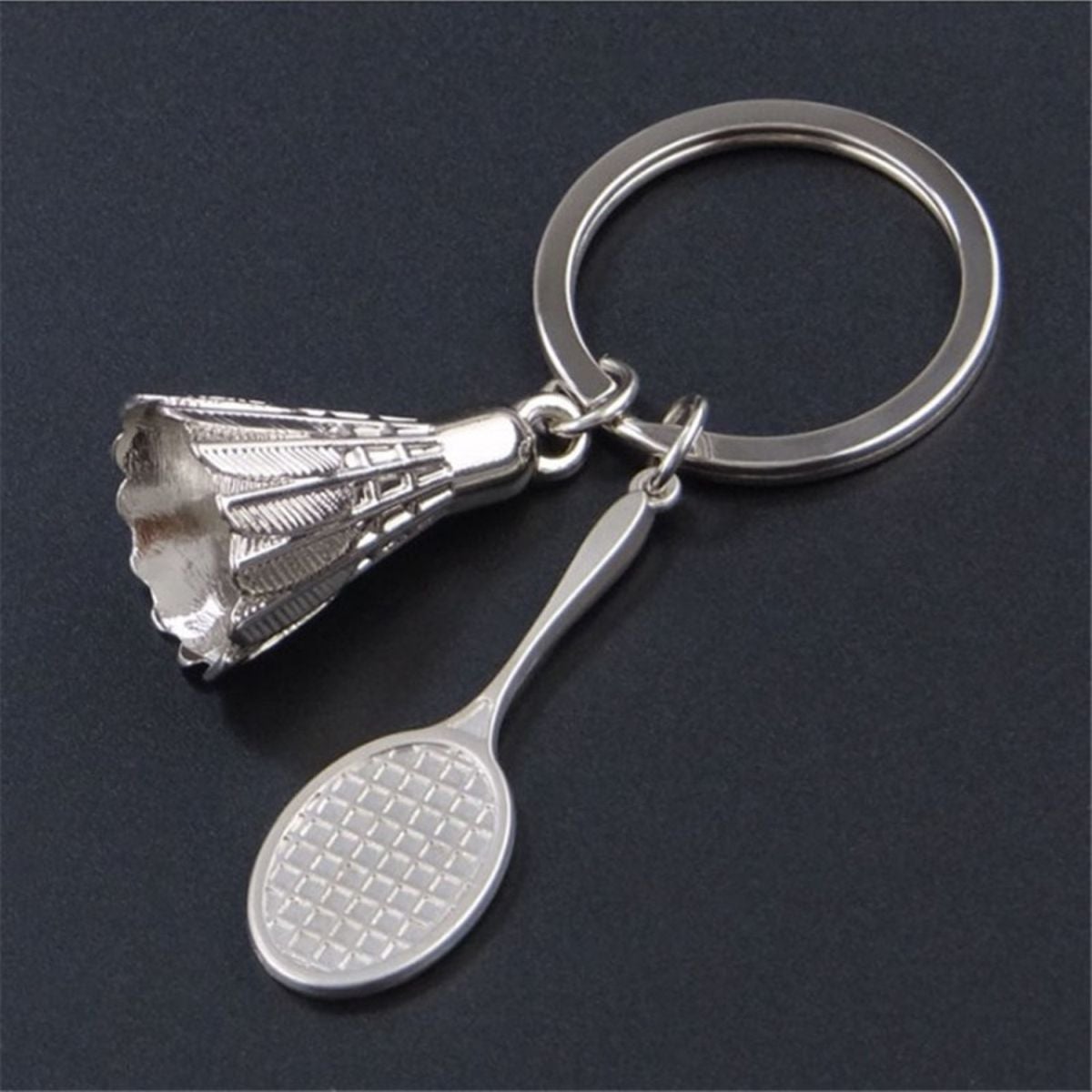 Badminton Racket Racquet Shuttle Cock Sports Silver Key Chain Ring