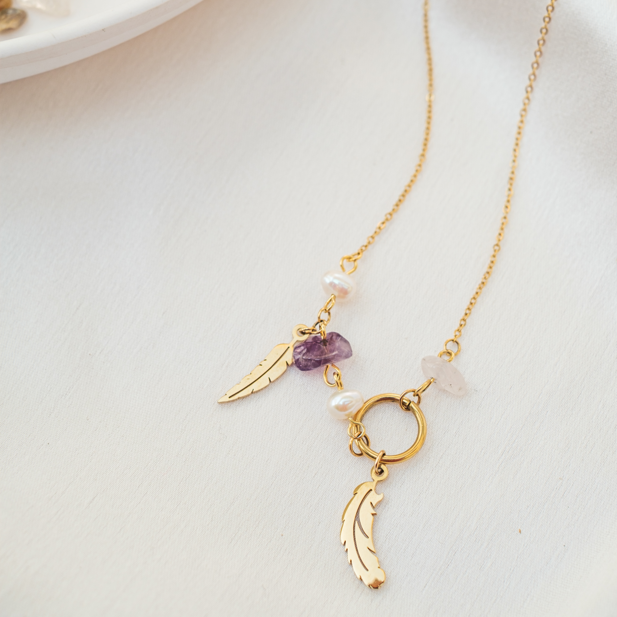 Feather Charm Pearl 18K Gold Stainless Steel Anti Tarnish Multicolor Necklace Chain For Women Secondary image