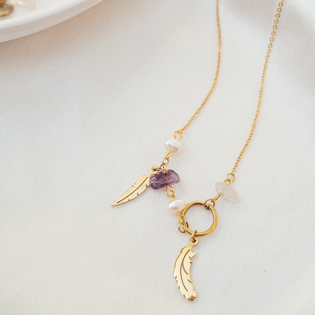 Feather Charm Pearl 18K Gold Stainless Steel Anti Tarnish Multicolor Necklace Chain For Women