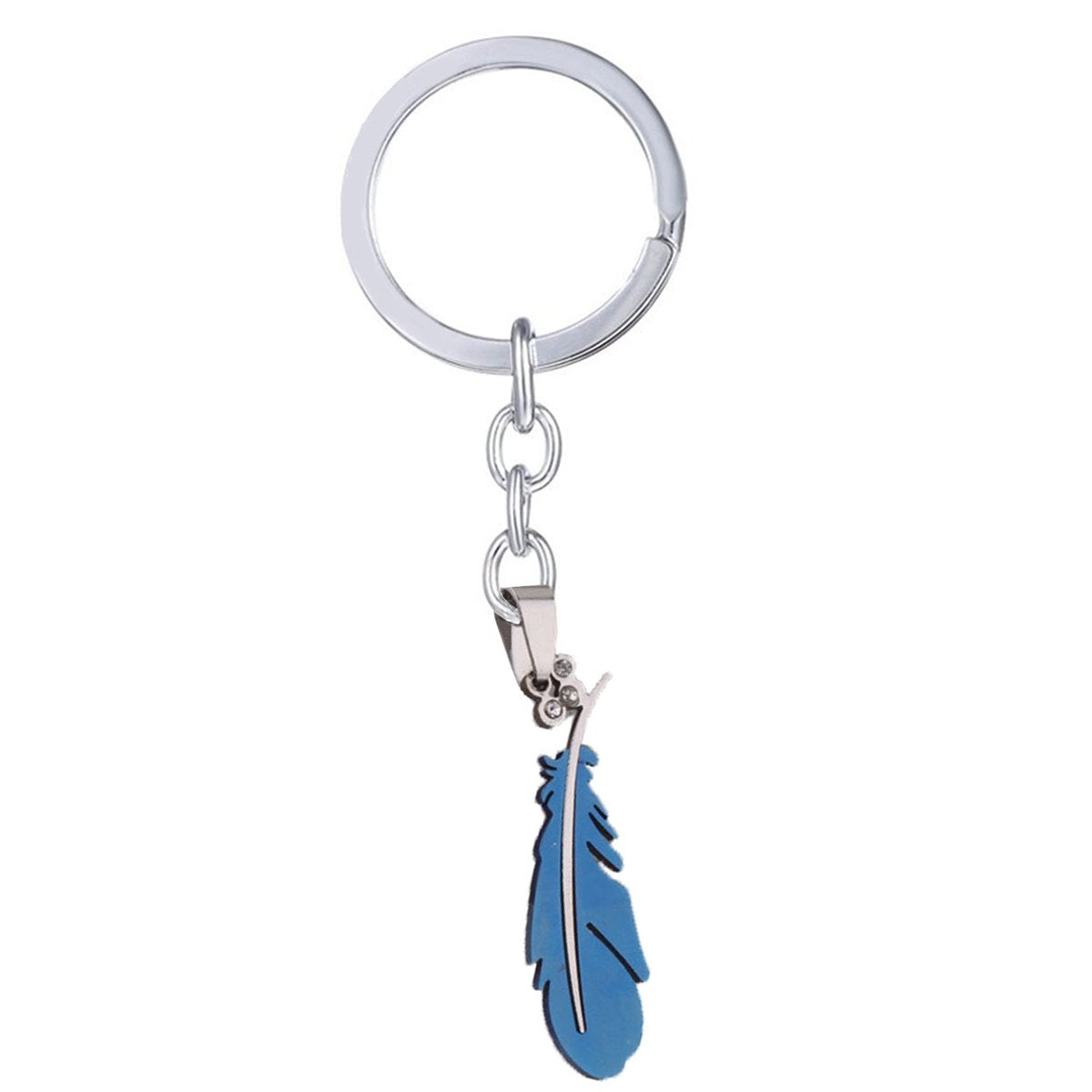 Birds Feather Rhodium CZ Stainless Steel Blue Key Chain Key Ring Bulk Main image