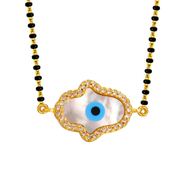 Hamsa Hand Evil Eye Mother Of Pearl Zircon 22K Gold Charm Mangalsutra Tanmaniya For Women Secondary image