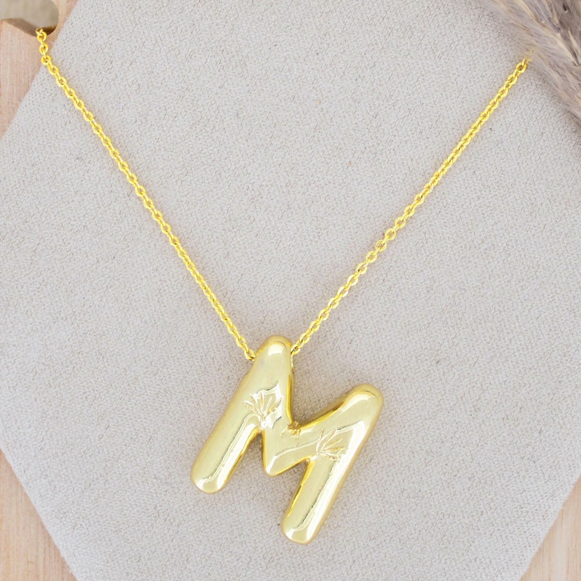 A Party Balloon Bubble Puffed Initial Alphabet Letter 18K Glossy Gold Anti Tarnish Pendant Chain