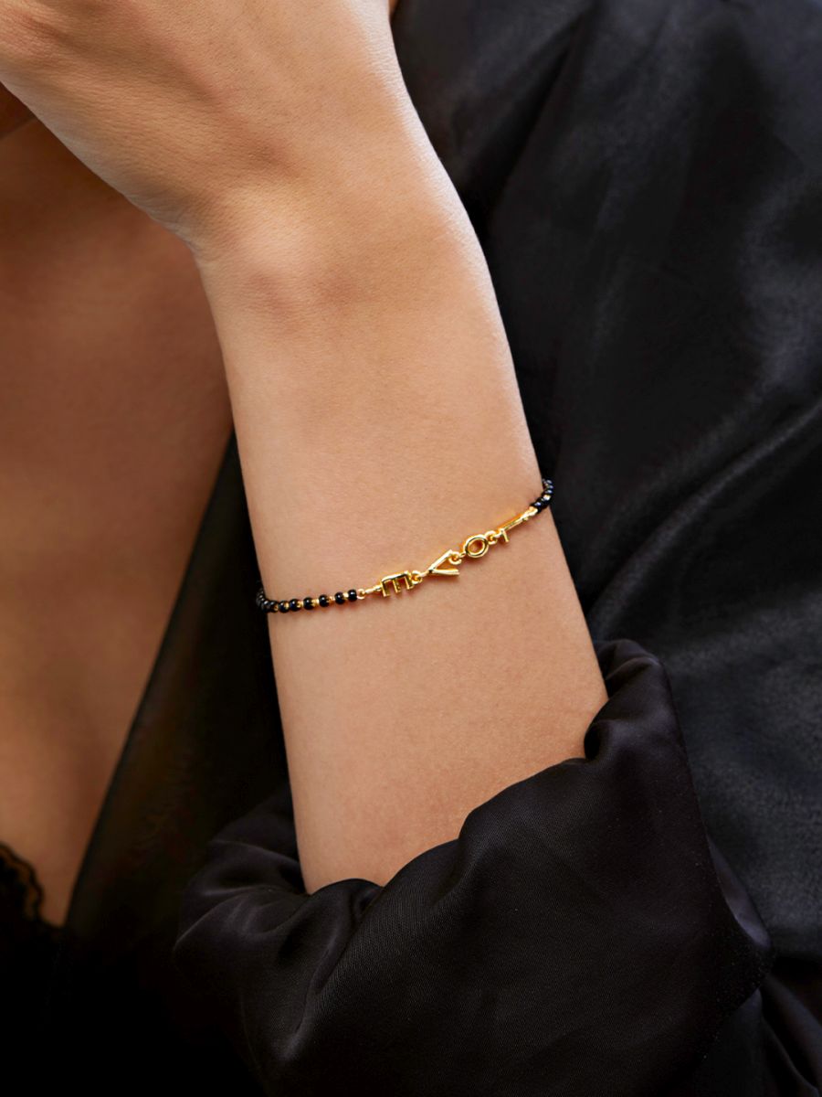 Copper Love Heart Black Beads Gold Hand Mangalsutra Bracelet Bulk