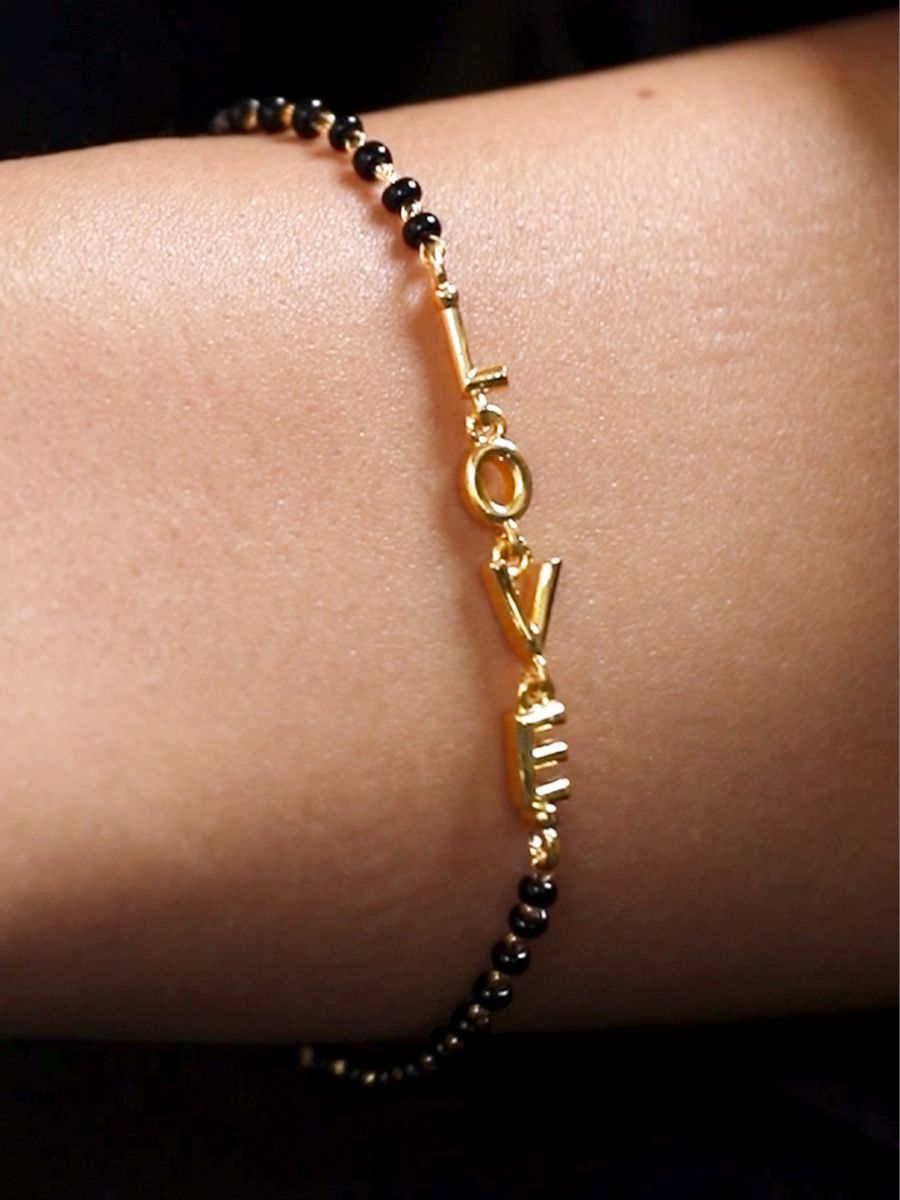 Copper Love Heart Black Beads Gold Hand Mangalsutra Bracelet Bulk