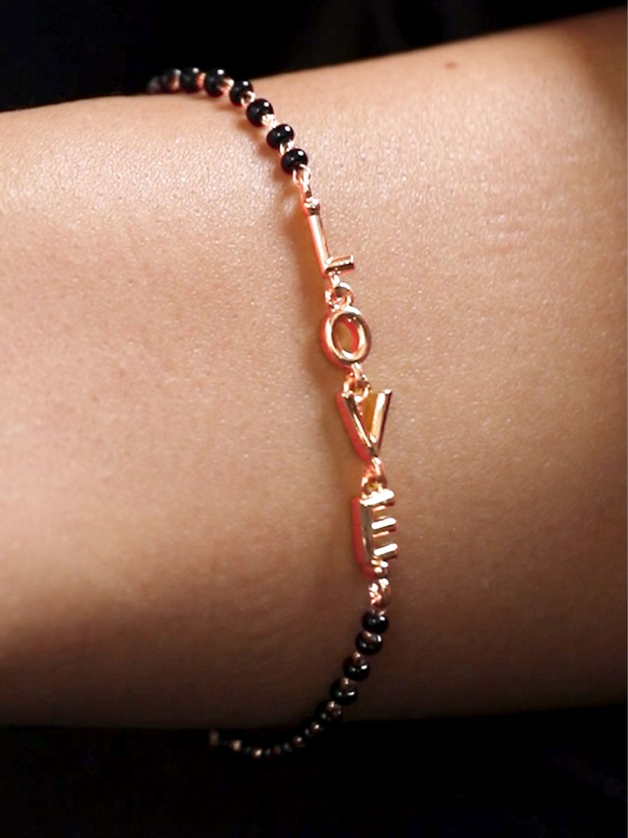 Copper Love Heart Black Beads Gold Hand Mangalsutra Bracelet Bulk