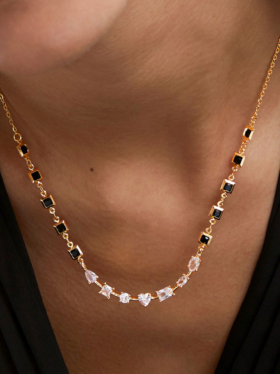 Copper Seven Geometric Shape Of  Solitaires Cubic Zirconia Gold Neck Mangalsutra Chain Women