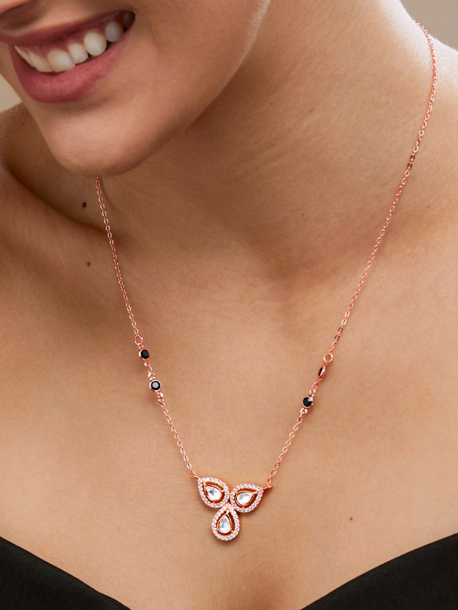 Copper Flower Kundan CZ Gold Link Pendant Chain Necklace Bulk