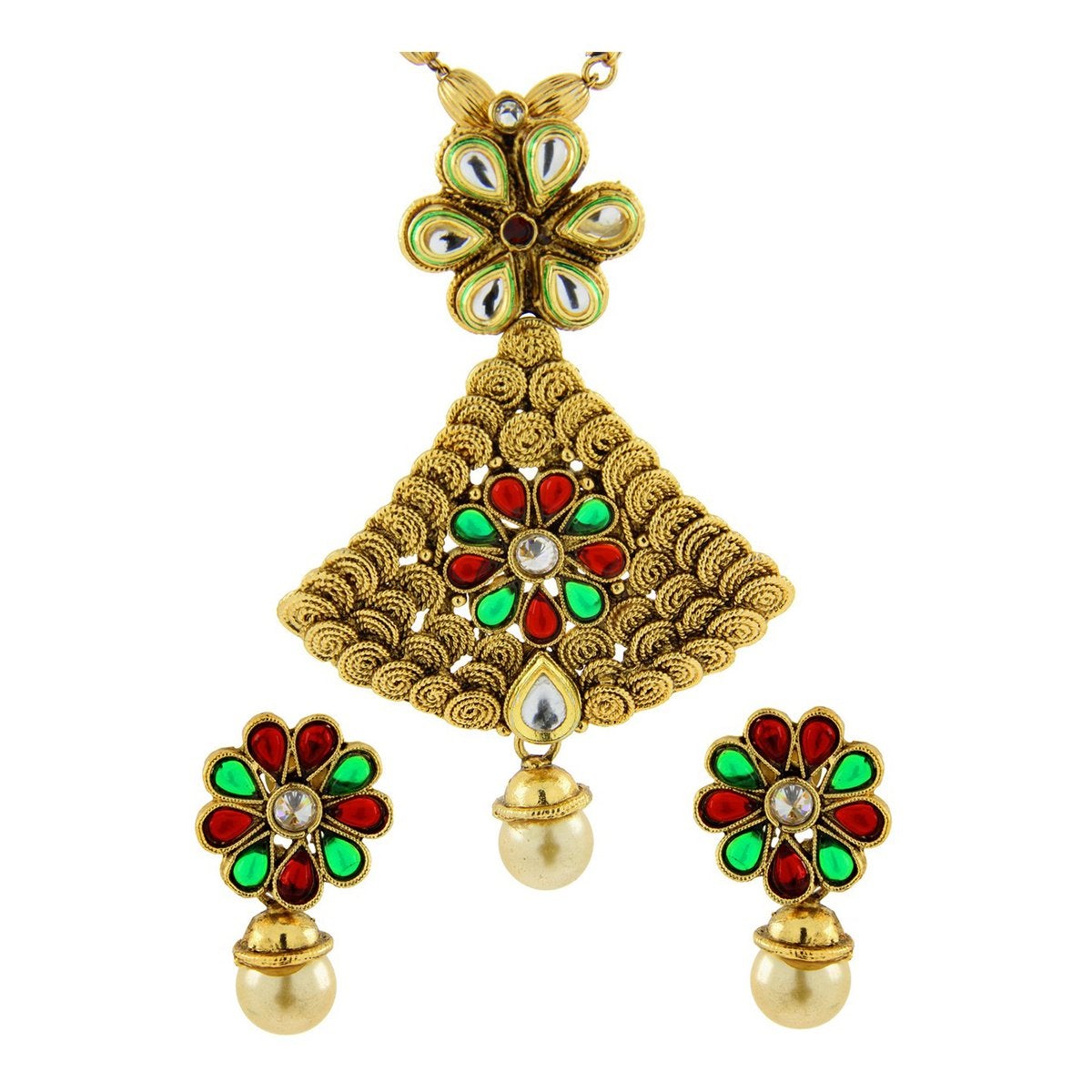 Red Green Kundan Pearl Antique 22K Gold Pendant Earring Set Bulk Main image