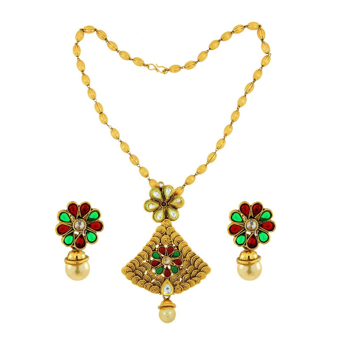 Red Green Kundan Pearl Antique 22K Gold Pendant Earring Set Bulk Secondary image