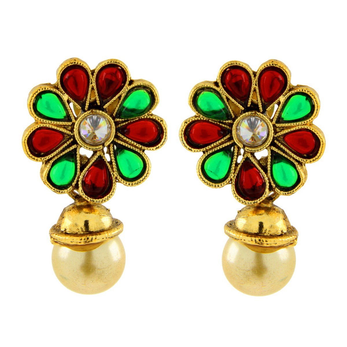 Red Green Kundan Pearl Antique 22K Gold Pendant Earring Set Bulk