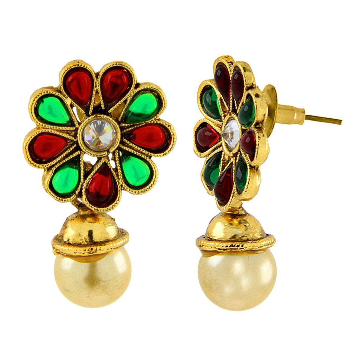Red Green Kundan Pearl Antique 22K Gold Pendant Earring Set Bulk