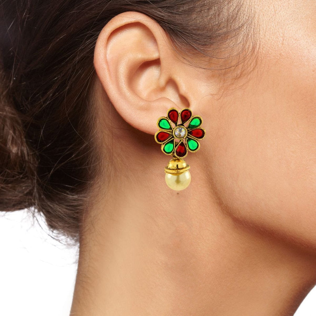 Red Green Kundan Pearl Antique 22K Gold Pendant Earring Set Bulk