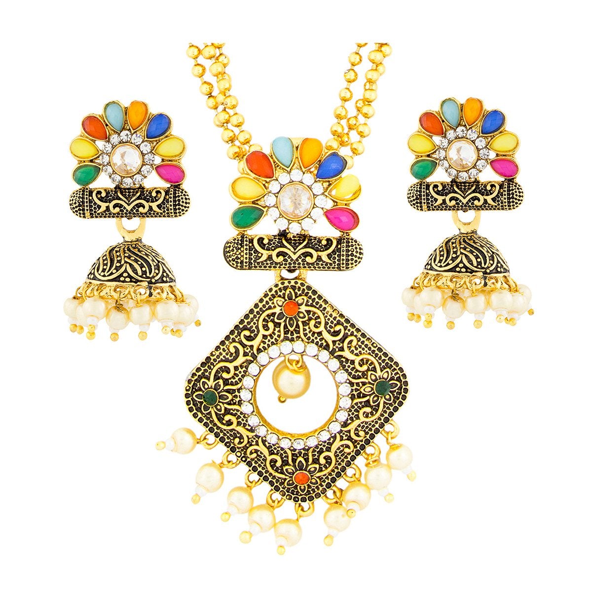 Diamond Filigree Multi Brass Pendant Chain Pendant Earring Set Bulk