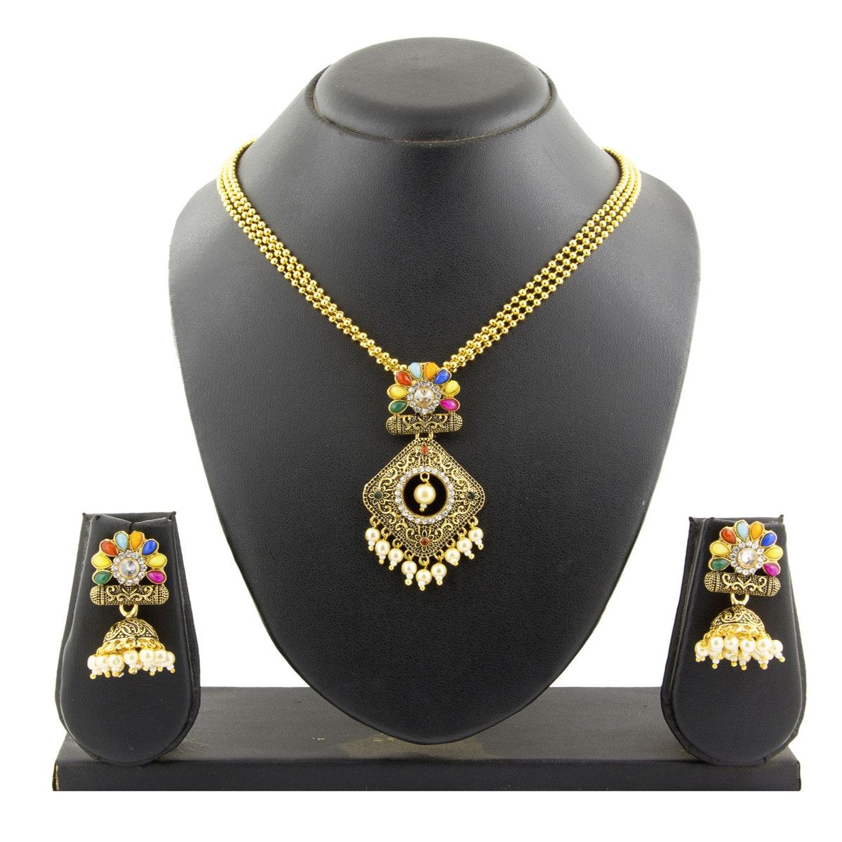 Diamond Filigree Multi Brass Pendant Chain Pendant Earring Set Bulk