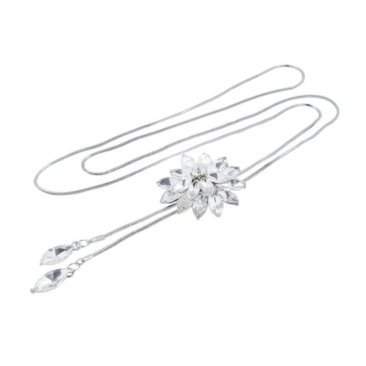 Dual Flower Crystal Pearl Cz American Diamond Long Chain Necklace Secondary image
