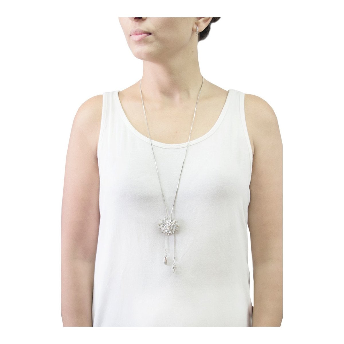Dual Flower Crystal Pearl Cz American Diamond Long Chain Necklace