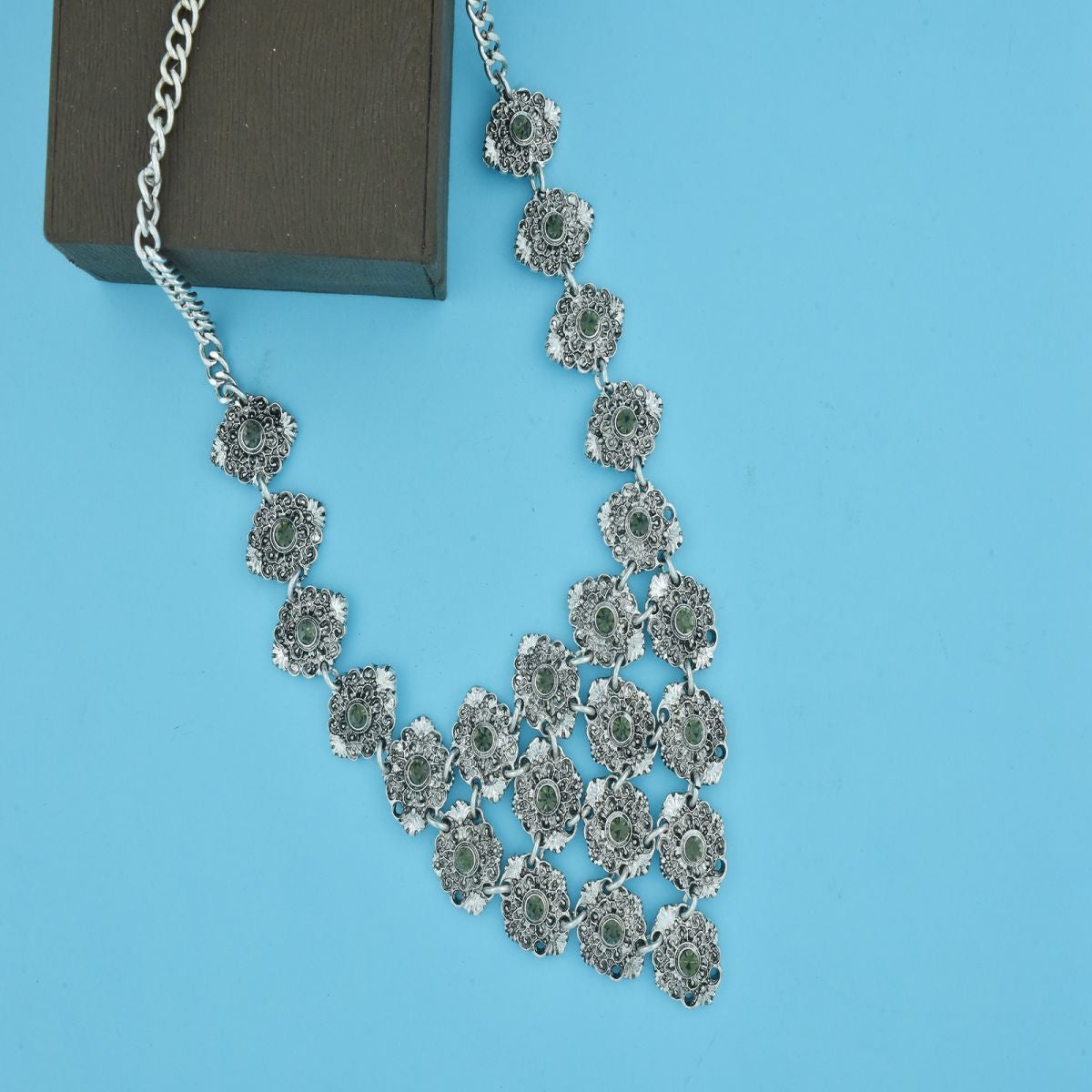 Tribal Bohemian Green Crystal Oxidised German Silver Necklace Bulk Main image