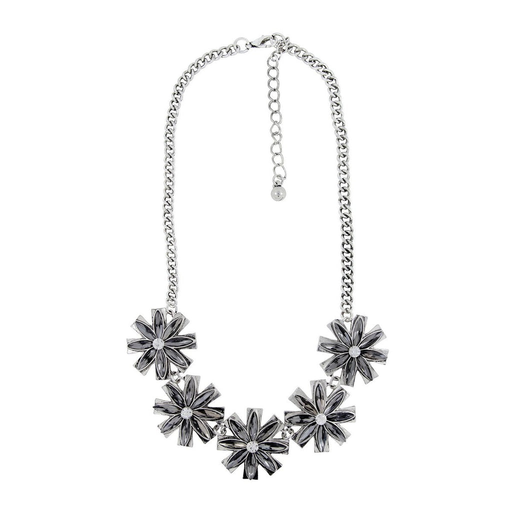 Flower Grey Crystal Antique Oxidized Silver Plated Necklace Bulk