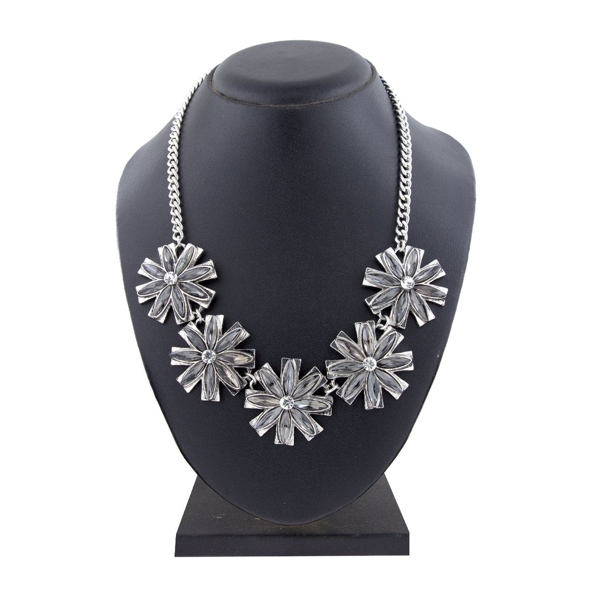 Flower Grey Crystal Antique Oxidized Silver Plated Necklace Bulk
