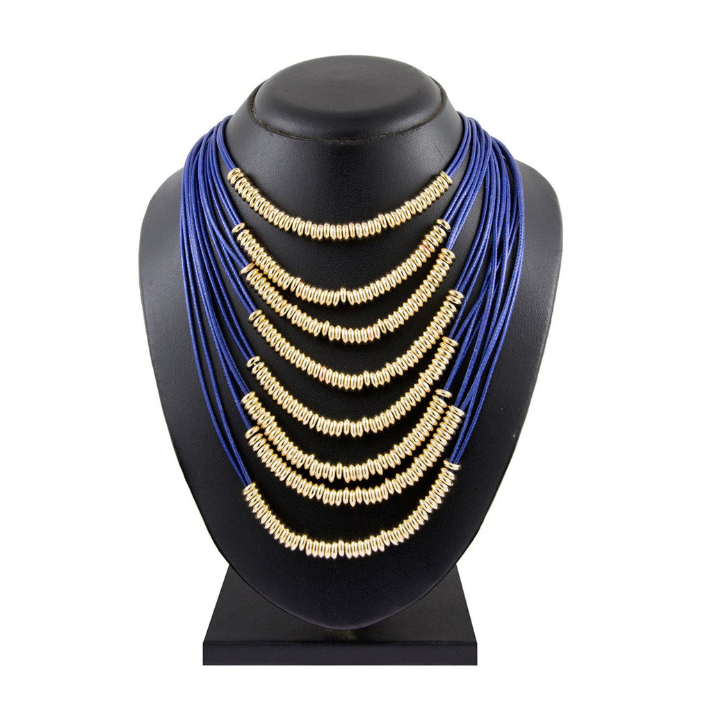 Italian Rings Multistrand 7 Layered Blue Nylon Gold Long Necklace Bulk