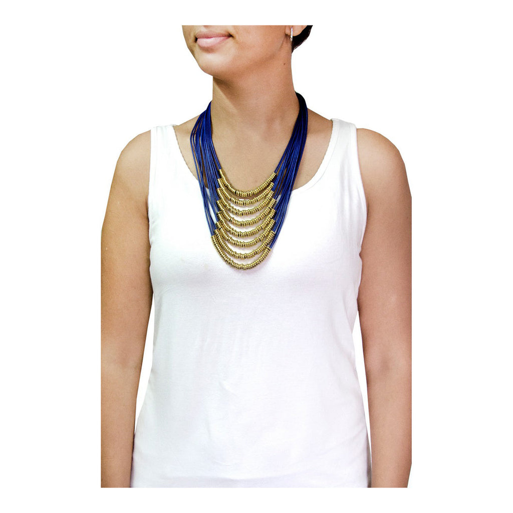 Italian Rings Multistrand 7 Layered Blue Nylon Gold Long Necklace Bulk