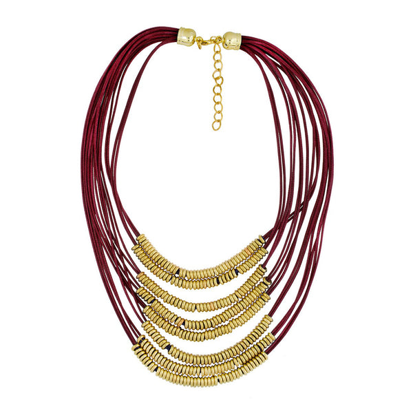 Italian Rings Multistrand 7 Layer Maroon Nylon Gold Statement Necklace Main image