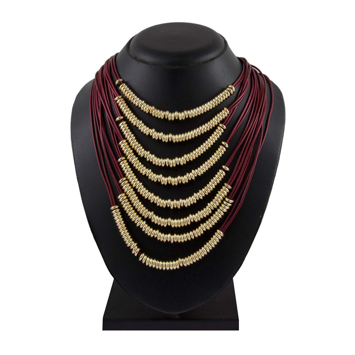 Italian Rings Multistrand 7 Layer Maroon Nylon Gold Statement Necklace Secondary image