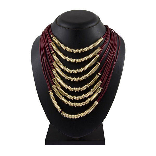 Italian Rings Multistrand 7 Layer Maroon Nylon Gold Statement Necklace Secondary image