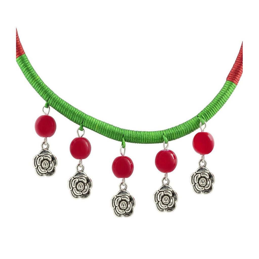 Tribal Tibetan Oxidised German Silver Red Bead Green Thread Necklace