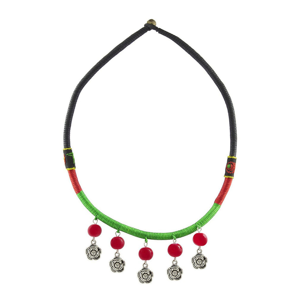 Tribal Tibetan Oxidised German Silver Red Bead Green Thread Necklace