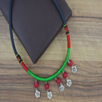 Tribal Tibetan Oxidised German Silver Red Bead Green Thread Necklace