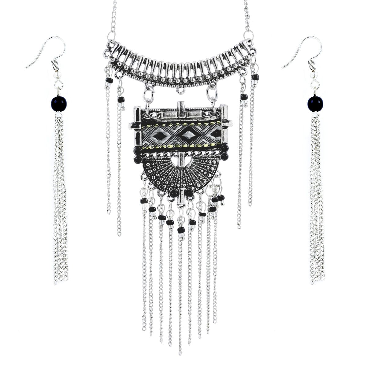 Oxidised Afghani Bohemia Beads German Silver Long Necklace Earring Set Secondary image