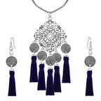 Tassel Dangle Flower Oxidised Tribal German Silver Pendant Earring
