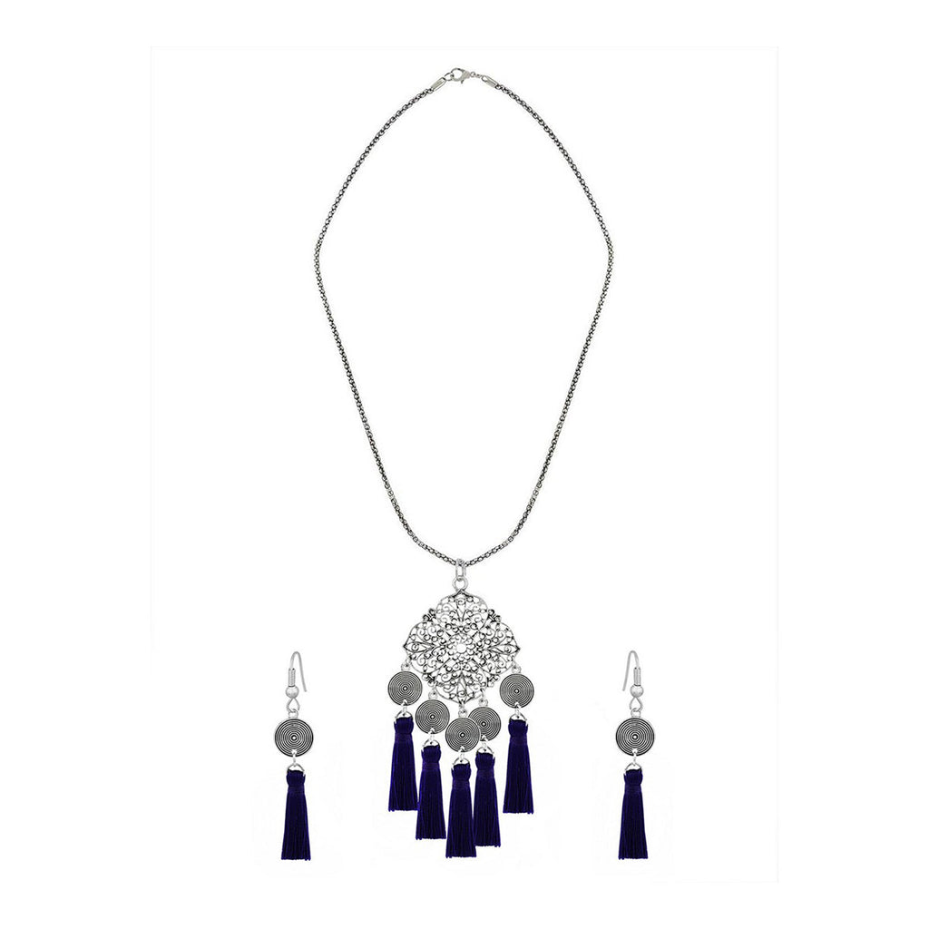 Tassel Dangle Flower Oxidised Tribal German Silver Pendant Earring