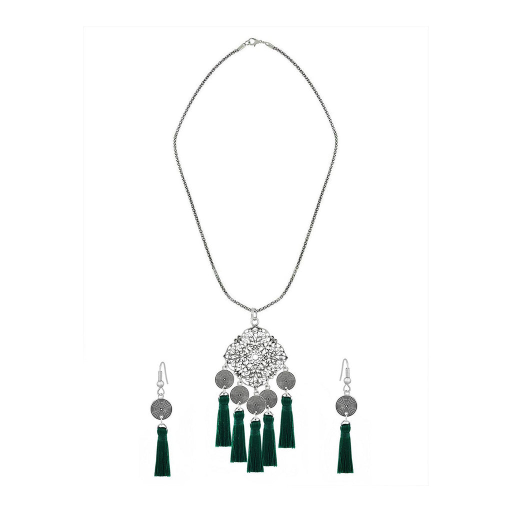 Tassel Dangle Flower Oxidised Tribal German Silver Pendant Earring