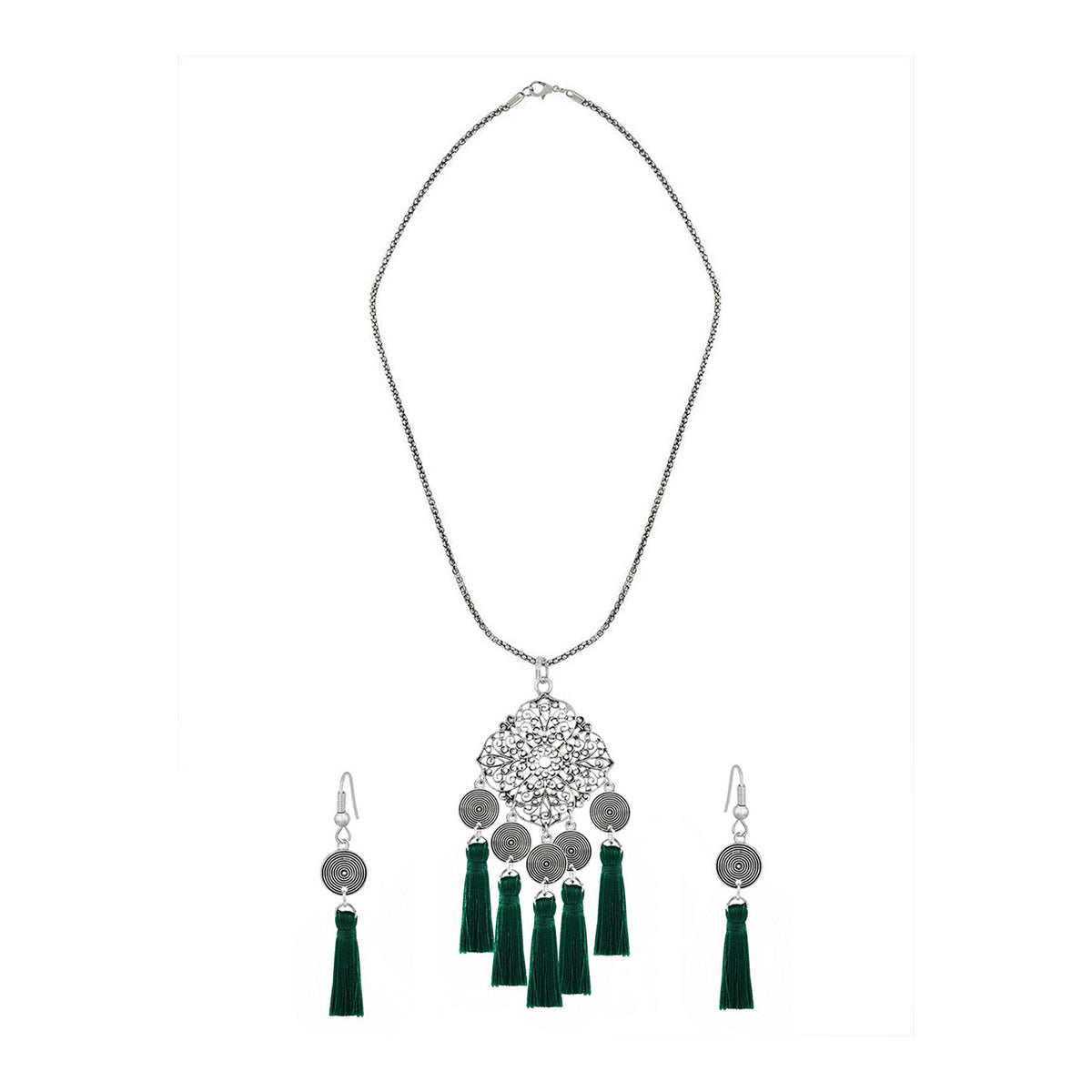 Tassel Dangle Flower Oxidised Tribal German Silver Pendant Earring