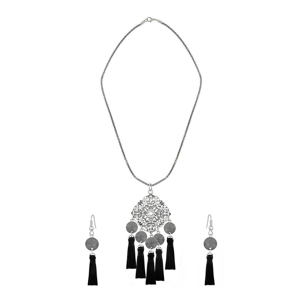 Tassel Dangle Flower Oxidised Tribal German Silver Pendant Earring
