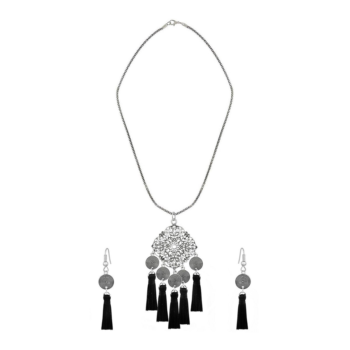 Tassel Dangle Flower Oxidised Tribal German Silver Pendant Earring