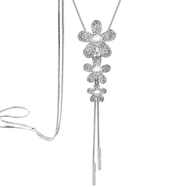 Flower Pearl Cz Silver Western Dress Wear Sweater Long Chain Necklace Secondary image